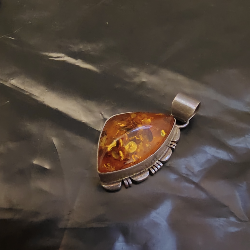 T Yazzie Navajo Amber Sterling Silver Pendand